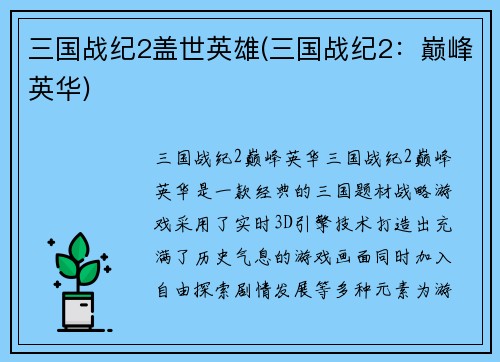 三国战纪2盖世英雄(三国战纪2：巅峰英华)